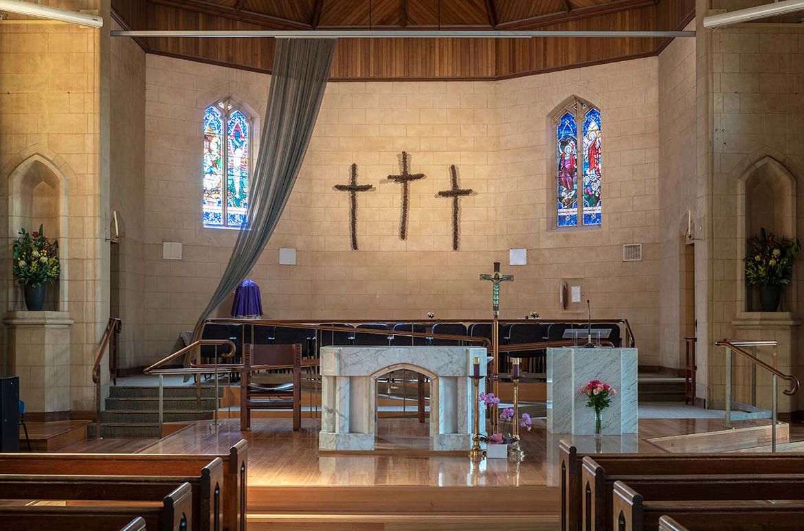 A prototype for Fenced in 2014 at Shirley Macnamara’s
studio, Mount Guide, and the finished work installed at the Parish Church of St Joan
of Arc, Brighton, Victoria / © Shirley Macnamara