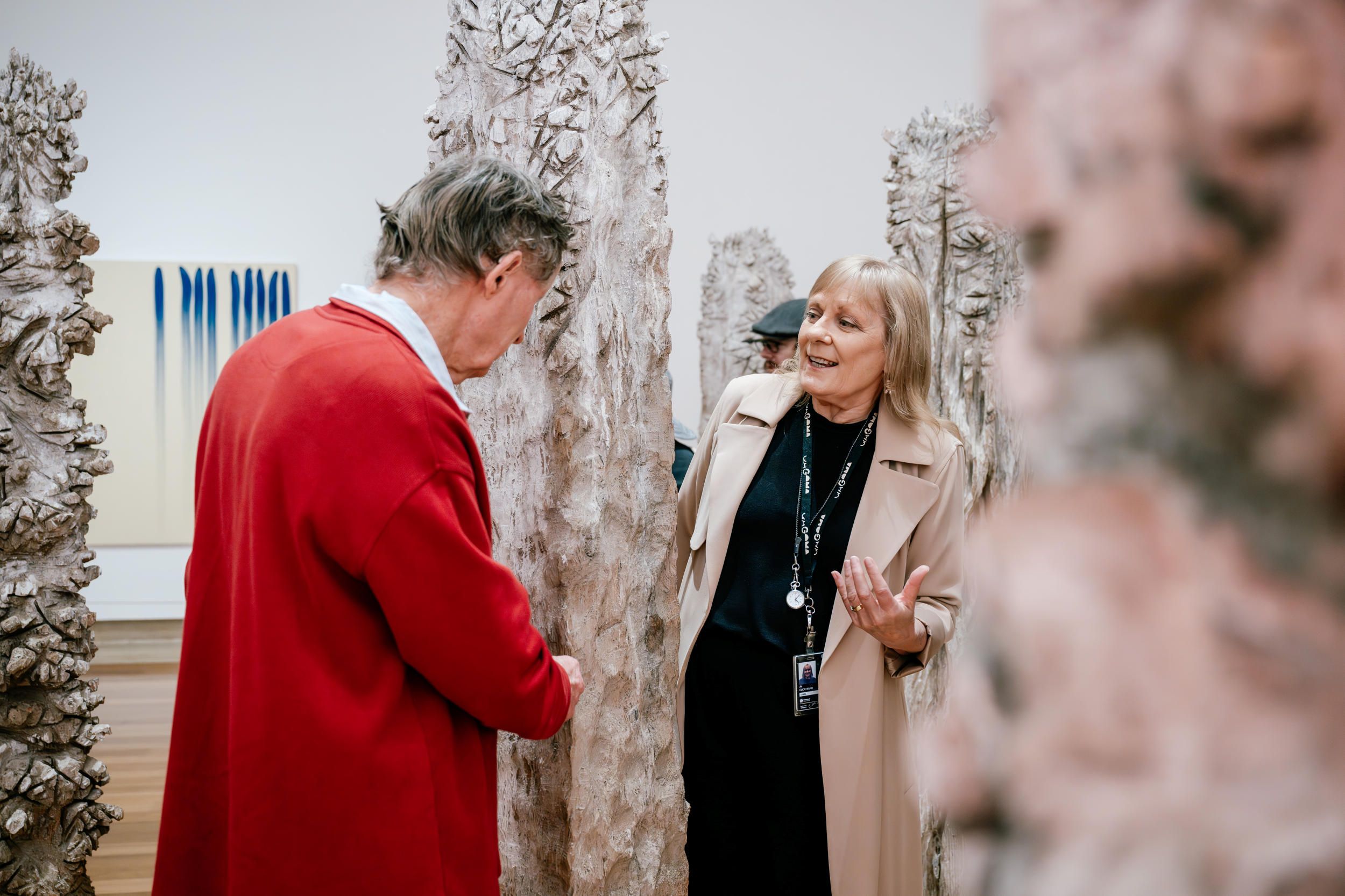 Visitor with no vision on a guided tour of QAG, featuring Woods lll by Shigeo Toya | he Kenneth and Yasuko Myer Collection of Contemporary Asian Art. Purchased 1994 with funds from The Myer Foundation and Michael Sidney Myer through the Queensland Art Gallery Foundation and with the assistance of the International Exhibitions Program | Collection: Queensland Art Gallery | Gallery of Modern Art | © Shigeo Toya | Photograph: J. Ruckli