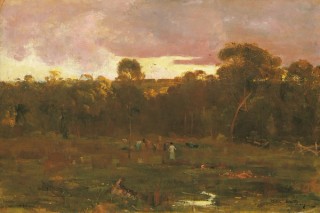 Arthur Streeton, Australia 1867–1943 / June evening, Box Hill 1887 / Oil on canvas laid down on composition board / 55.9 x 76.3cm / Gift of the family of the late Hon T C Beirne MLC through the National Gallery Society of Queensland 1954 / Collection: Queensland Art Gallery | Gallery of Modern Art