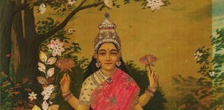 Raja Ravi Varma / India 1848–1906 / Ravi Varma Press / Karla-Lonavla, India / Laxmi 1894, printed c.1910–20 / Oleograph with fabric and zardozi embroidery, before conservation treatment / Purchased 2024 with funds from the Henry and Amanda Bartlett Trust through the Queensland Art Gallery | Gallery of Modern Art Foundation / Collection: QAGOMA