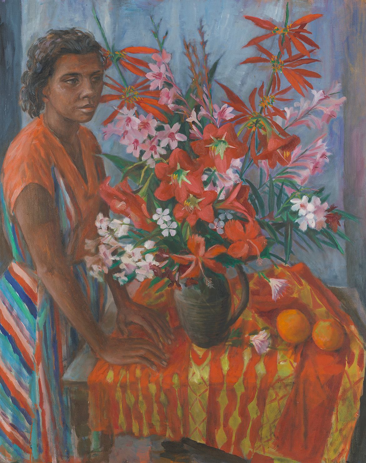 Margaret Olley, Australia 1923-2011 / Susan with flowers 1962 / Oil on canvas / 127.4 x 102.3cm / Gift of Finney Isles and Co. Ltd. 1964 / Collection: Queensland Art Gallery | Gallery of Modern Art / © QAGOMA