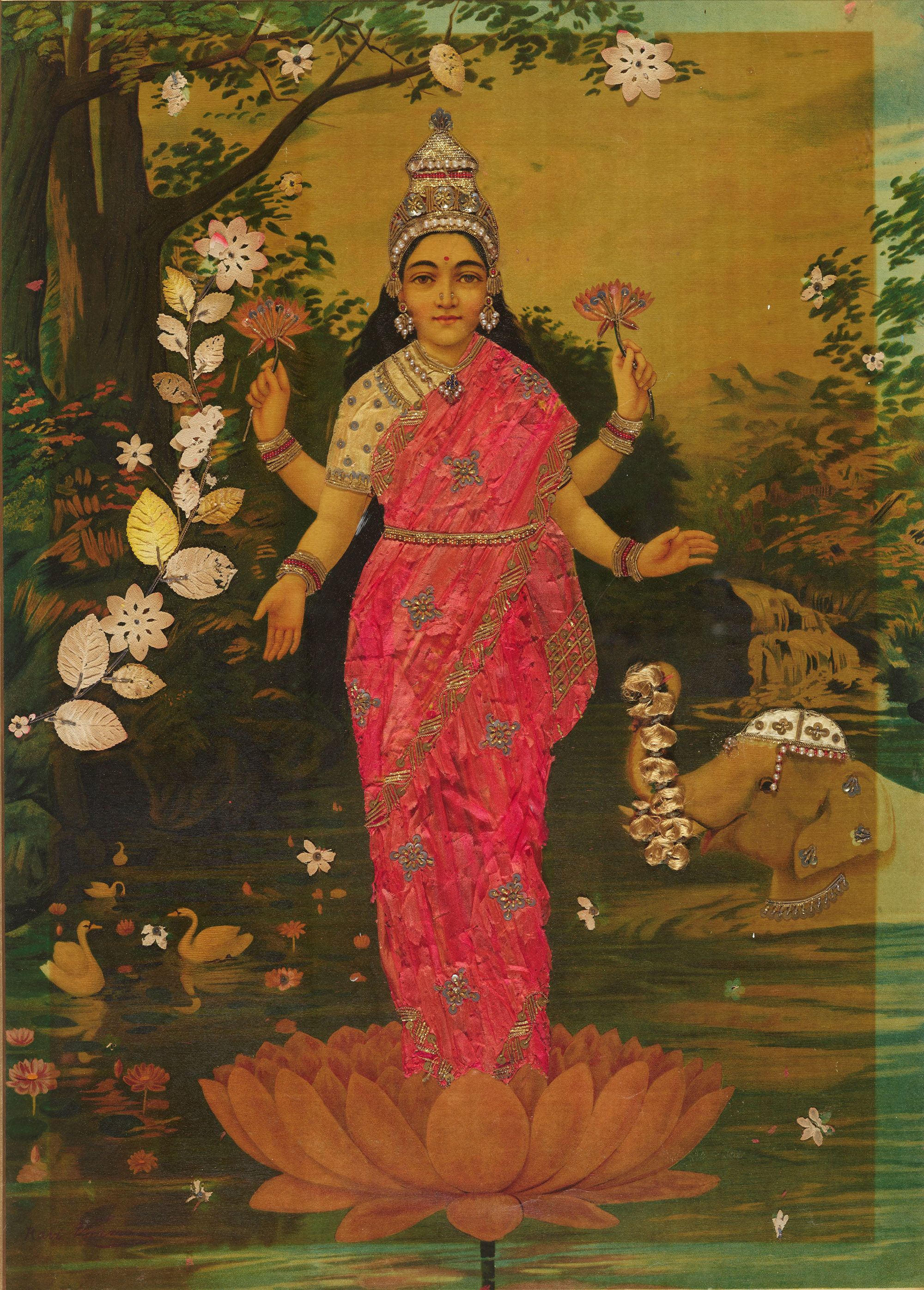 Raja Ravi Varma, India 1848–1906 / Ravi Varma Press, Karla-Lonavla, India / Laxmi 1894, printed c.1910–20 / Oleograph with fabric and zardozi embroidery, before conservation treatment / Purchased 2024 with funds from the Henry and Amanda Bartlett Trust through the QAGOMA Foundation / Collection: Queensland Art Gallery | Gallery of Modern Art