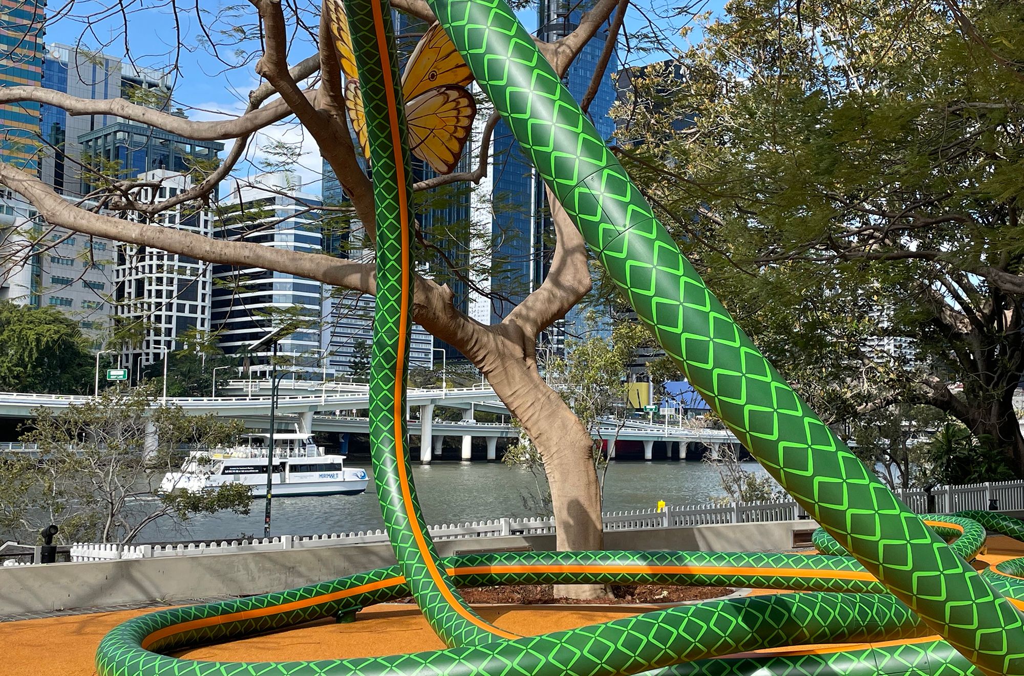 Tony Albert, Girramay/Yidinyji/Kuku Yalanji peoples, Australia b.1981 / Nell, Australia b.1975 / The Big Hose (detail) 2022–25 / Aluminium, reclaimed hardwood, paint, rubber / Commissioned 2022. This project has been realised with generous support from Andrew and Dr Susan King, the Neilson Foundation, Margaret Mittelheuser AM and Cathryn Mittelheuser AM, Gina Fairfax AC, Dr Shirley Hsieh, and the 2022 QAGOMA Foundation Appeal / Collection: Queensland Art Gallery | Gallery of Modern Art / © Tony Albert and Nell / Photograph: E Murray © QAGOMA