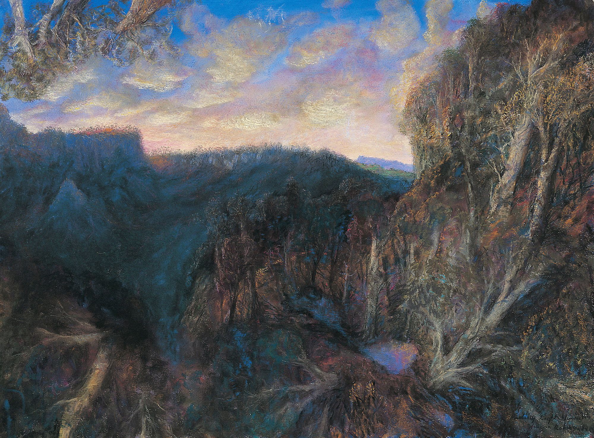 William Robinson, Australia 1936–2025 / Fading light, Numinbah 2001 / Pastel on paper / 56.5 x 76.2cm / Gift of the artist through the QAG Foundation 2003. Donated through the Australian Government's Cultural Gifts Program / Collection: Queensland Art Gallery | Gallery of Modern Art / © William Robinson Estate