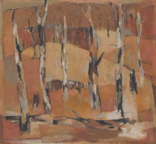 Jon Molvig, Australia 1923-70 / Burnt landscape no. 1 (After the fire) 1953 / Oil on cardboard / 59.5 x 76cm / Purchased 2008 with funds raised through the Queensland Art Gallery Foundation Appeal / Collection: Queensland Art Gallery | Gallery of Modern Art / © Otte Bartzis