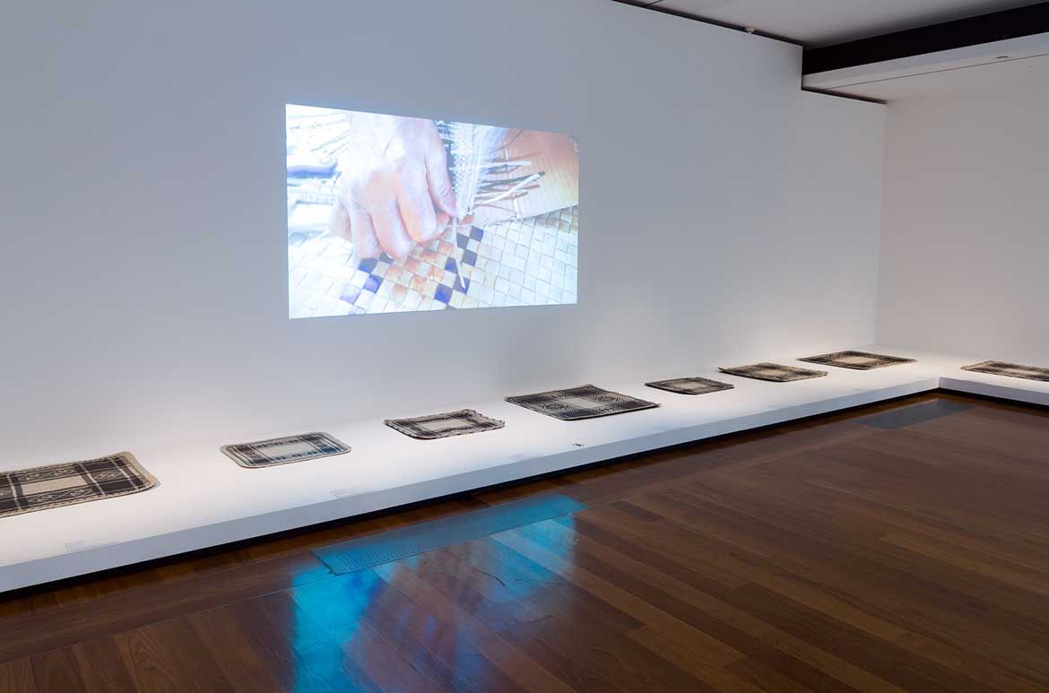 Installation view of Jaki-ed weaving, GOMA 2018
