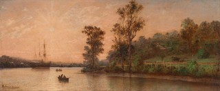 Isaac Walter Jenner, England/Australia 1836-1902 / Hamilton Reach, Brisbane 1885 / Oil on wood panel / 21.7 x 52.4cm / Purchased 1986 / Collection: Queensland Art Gallery | Gallery of Modern Art