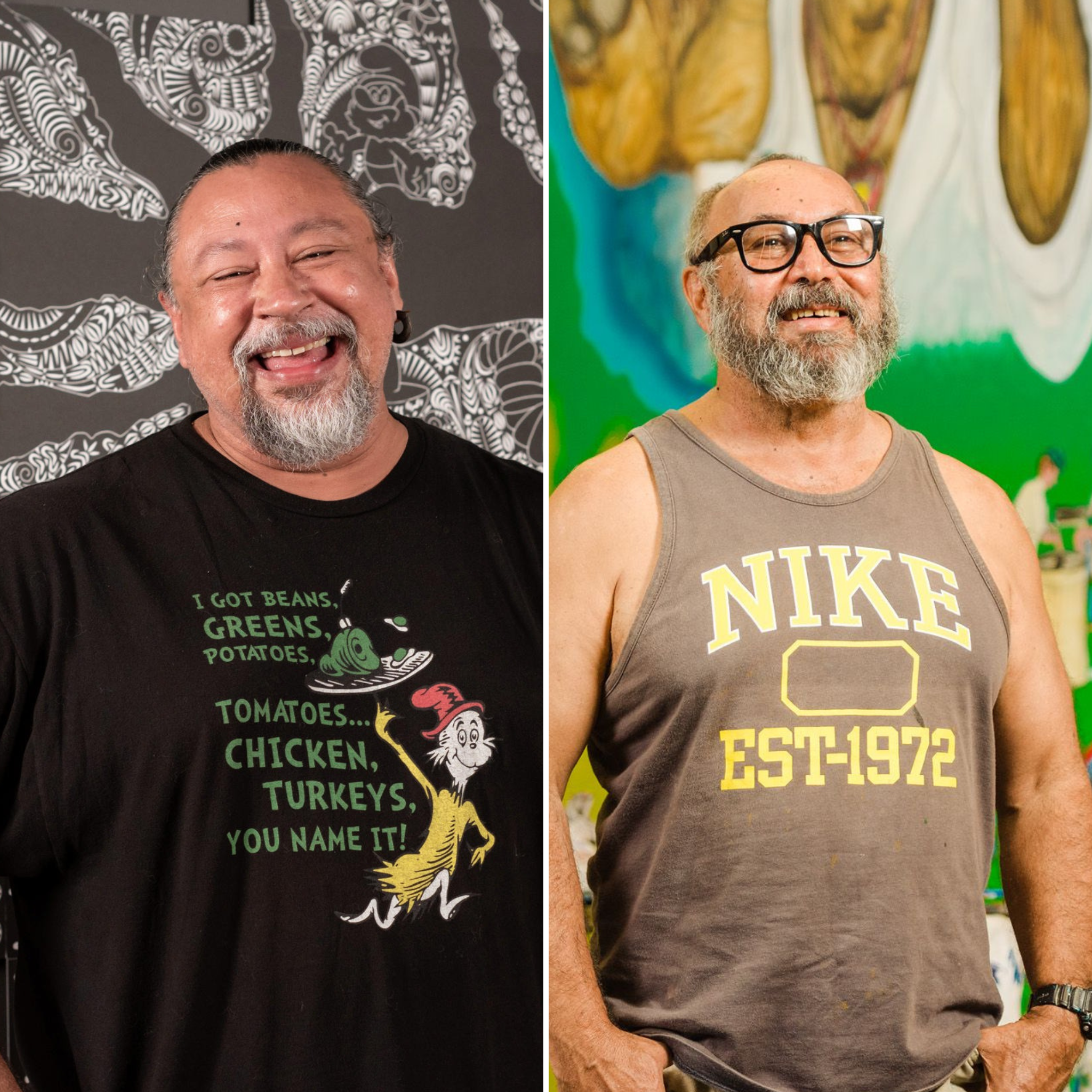 Left: Brian Robinson / February 2023 / Gallery of Modern Art, Brisbane / Photography: C Callistemon, QAGOMA. Right: Gordon Hookey / May 2021 / Gallery of Modern Art, Brisbane / Photography: J Ruckli, QAGOMA