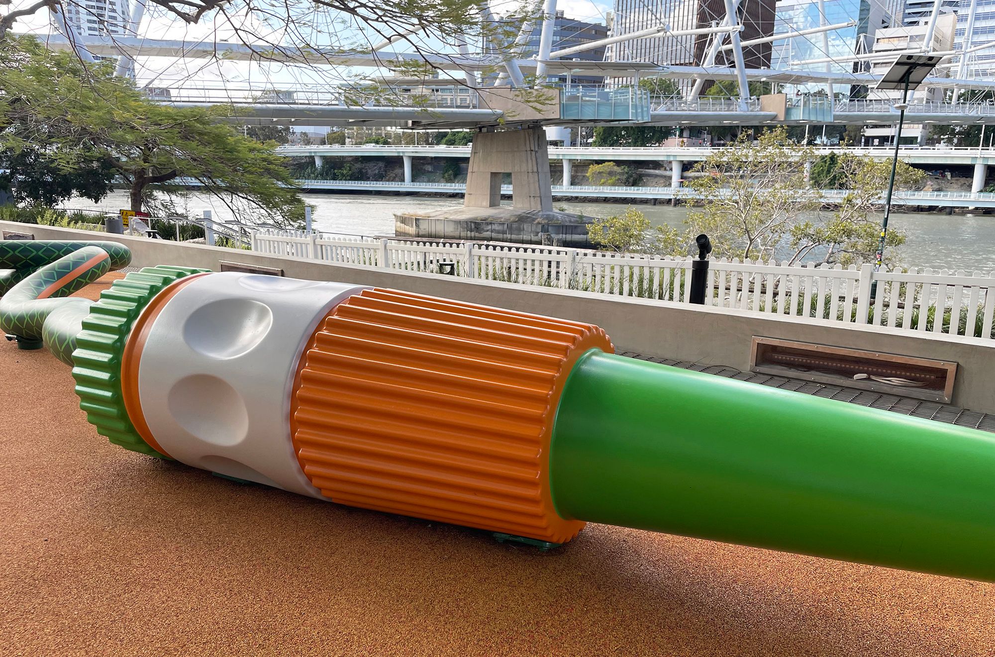 Tony Albert, Girramay/Yidinyji/Kuku Yalanji peoples, Australia b.1981 / Nell, Australia b.1975 / The Big Hose (detail) 2022–25 / Aluminium, reclaimed hardwood, paint, rubber / Commissioned 2022. This project has been realised with generous support from Andrew and Dr Susan King, the Neilson Foundation, Margaret Mittelheuser AM and Cathryn Mittelheuser AM, Gina Fairfax AC, Dr Shirley Hsieh, and the 2022 QAGOMA Foundation Appeal / Collection: Queensland Art Gallery | Gallery of Modern Art / © Tony Albert and Nell / Photograph: E Murray © QAGOMA