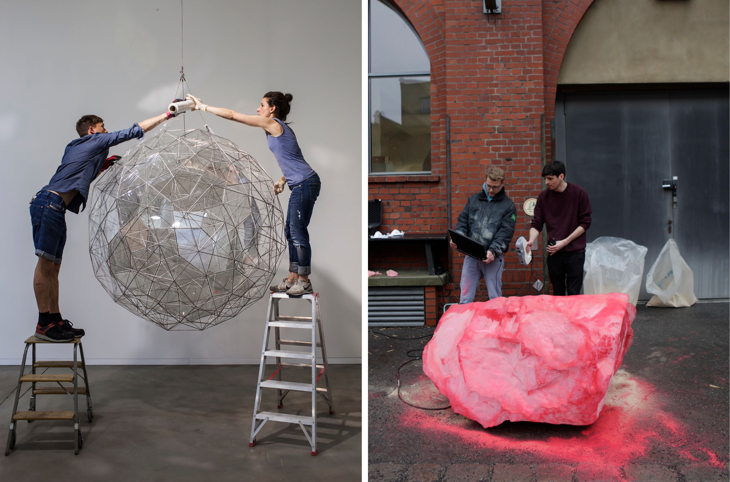 (l-r) At Studio Olafur Eliasson, Stardust particle 2014: Photograph: Runa Maya Mørk Huber / At Studio Olafur Eliasson, 3D scanning a block of ice harvested for Ice Watch 2015; Photograph: Runa Maya Mørk Huber / © Studio Olafur Eliasson