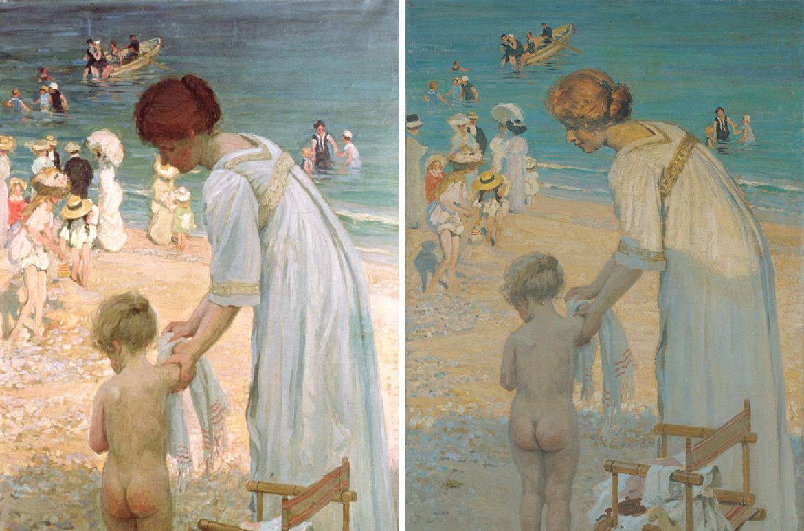 (l-r) E Phillips Fox, Australia/France 1865–1915 / The bathing hour (detail) 1909 / Oil on canvas / 180 x 112 cm / Collection: Castlemaine Art Museum / Bathing hour (L’heure du bain) (detail) c.1909 / Oil on canvas / 183.5 x 113.3cm / Collection: Queensland Art Gallery | Gallery of Modern Art
