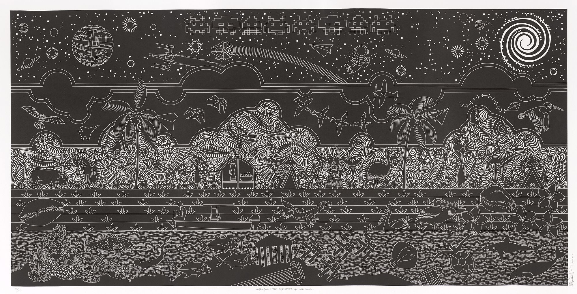 Brian Robinson, Maluyligal, Wuthathi and Dayak people, Australia b.1973 / Lagalgal: The Mysteries of our Land 2022 / Vinyl-cut on Hahnemule Hellweiss 350gsm alpha-cotton paper printed in black ink from one block / 100 x 200cm / Gift of the artist through the QAGOMA Foundation 2024. Donated through the Australian Government's Cultural Gifts Program / Collection: Queensland Art Gallery | Gallery of Modern Art / © Brian Robinson
