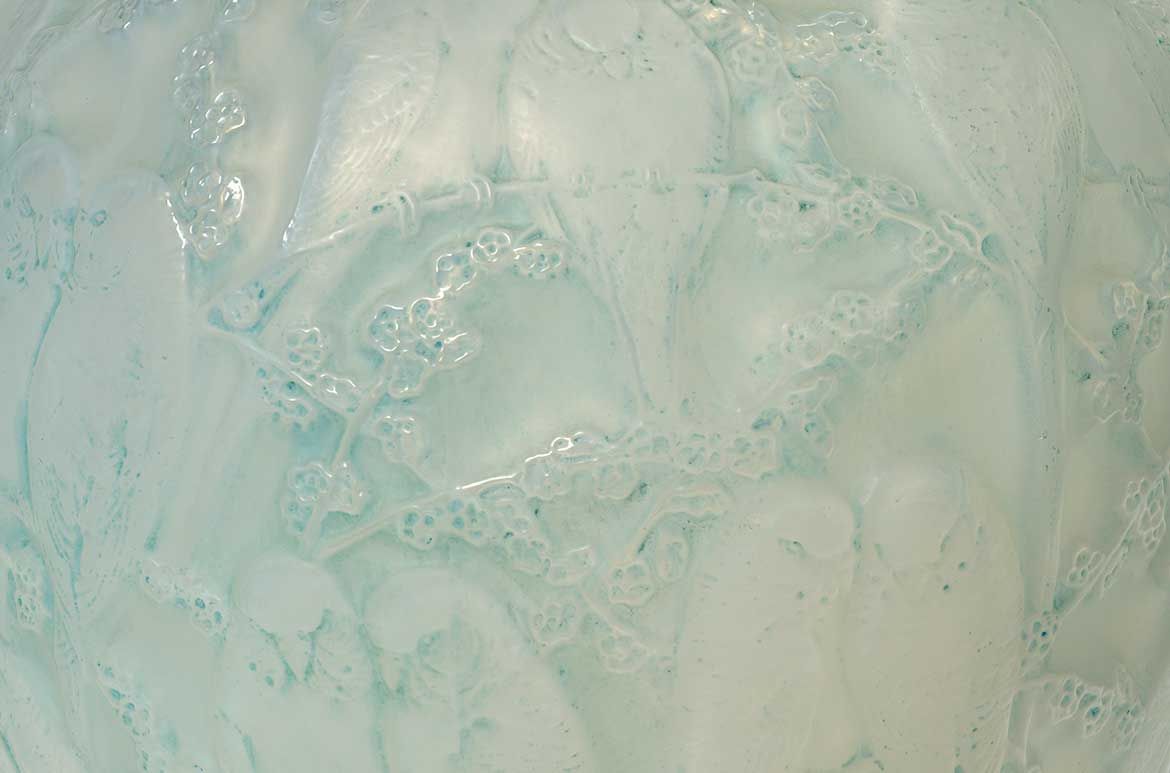 René Lalique, France 1860-1945 / Perruches (Parakeet) vase (detail) designed 1919 / Mould blown blue opalescent and frosted glass with grey patina / 25 x 24 x 24cm / Purchased 2018. QAGOMA Foundation / Collection: Queensland Art Gallery | Gallery of Modern Art