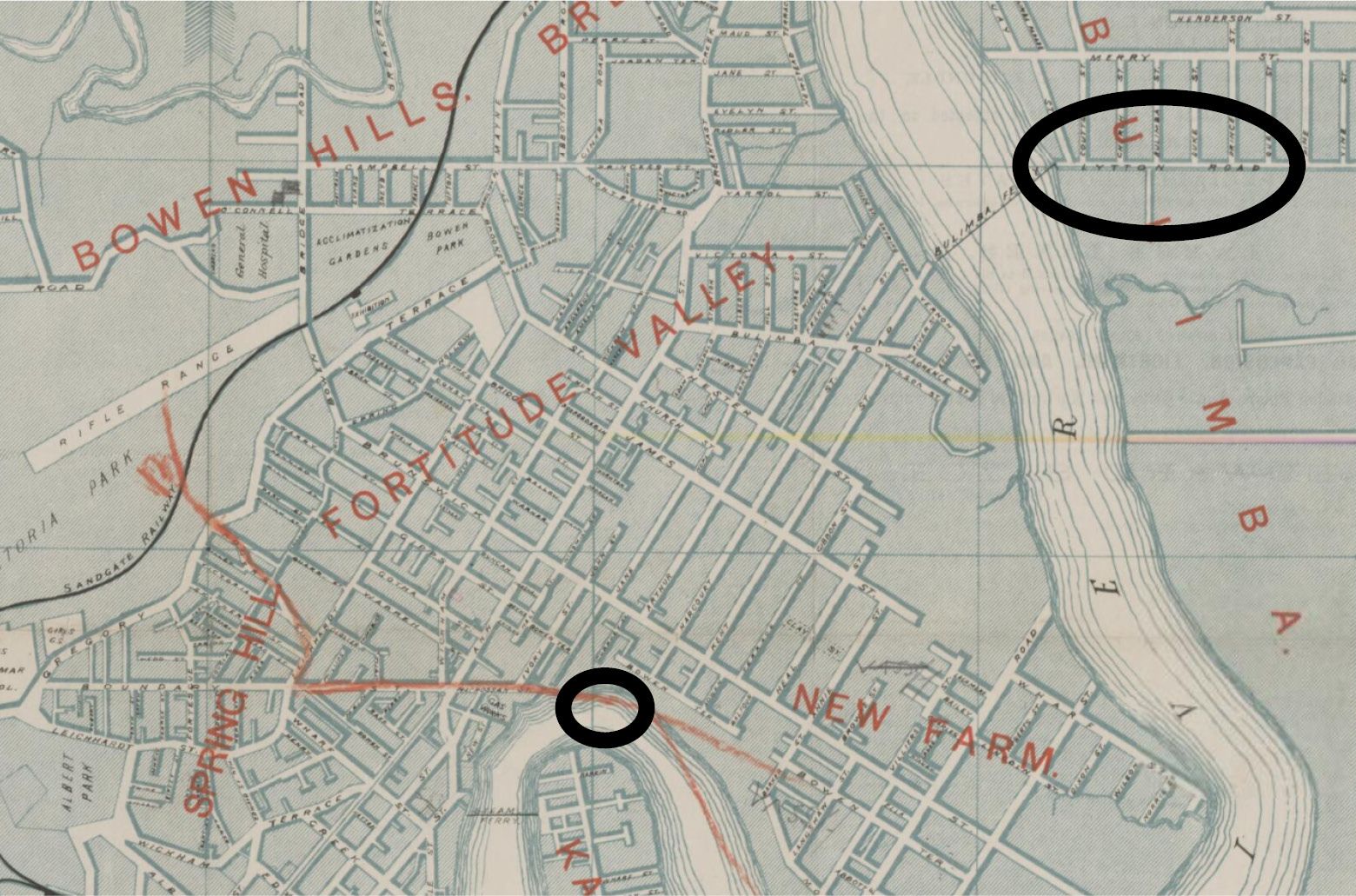 Map published by Watson, Ferguson & Co Publishers, 1886 / Brisbane & environs with Bowen Terrace (below) and Lytton Road, Bulimba (above) highlighted / MAP F 898 / Courtesy: Trove, National Library Australia