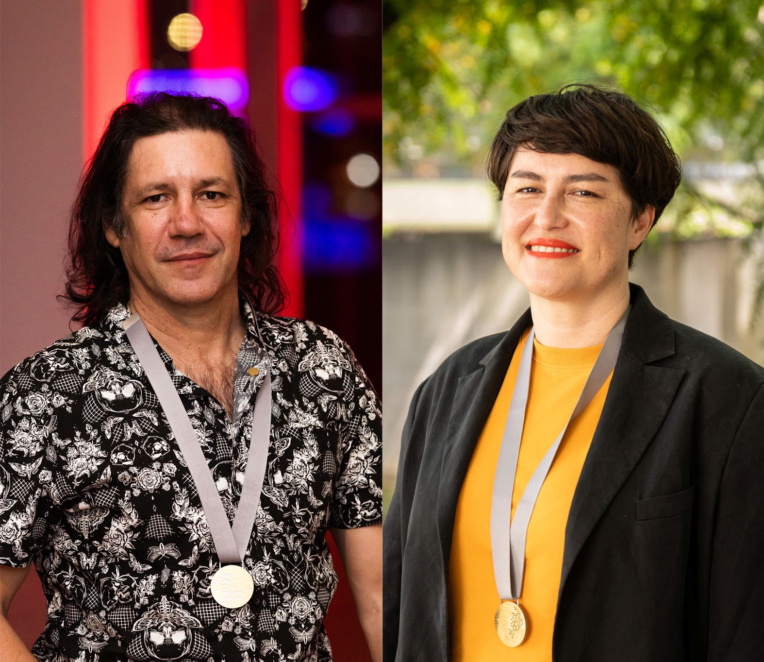 2024 QAGOMA Medal recipients Archie Moore and Ellie Buttrose / Photographs: K Bennett and N Umek