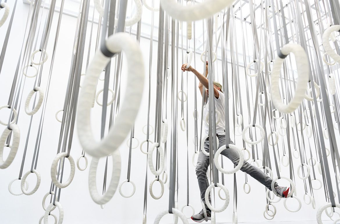 William Forsythe, United States, b.1949 / The Fact of Matter 2009 / Polycarbonate rings, polyester
belts, and steel rigging / Courtesy: The artist, Gagosian Gallery, New York, Forsythe Productions, Berlin / The development and international exhibition of Choreographic Objects by William Forsythe is made possible with the generous support of Susanne Klatten / © and image courtesy: William Forsythe / Photograph: Chloë
Callistemon © QAGOMA