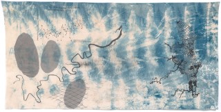 Judy Watson, Waanyi people, Australia b.1959 / moreton bay rivers, australian temperature chart, freshwater mussels, net, spectrogram 2022 / Indigo dye, graphite, synthetic polymer paint, waxed linen thread and pastel on cotton / 248 x 490.5cm / Purchased with funds from the 2023 QAGOMA Foundation Appeal, Margaret Mittelheuser AM and Cathryn Mittelheuser AM / Collection: Queensland Art Gallery | Gallery of Modern Art / © Judy Watson/Copyright Agency