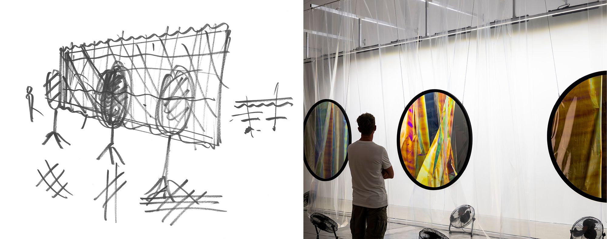 (l-r) Drawing by Olafur Eliasson / Olafur Eliasson, Denmark b.1967 / Your truths 2025 / Polarisation filters, PET, PVC, BOPP foil, fans, metal, control units / © 2025 Olafur Eliasson / Courtesy: The artist; neugerriemschneider, Berlin; and Tanya Bonakdar Gallery, New York