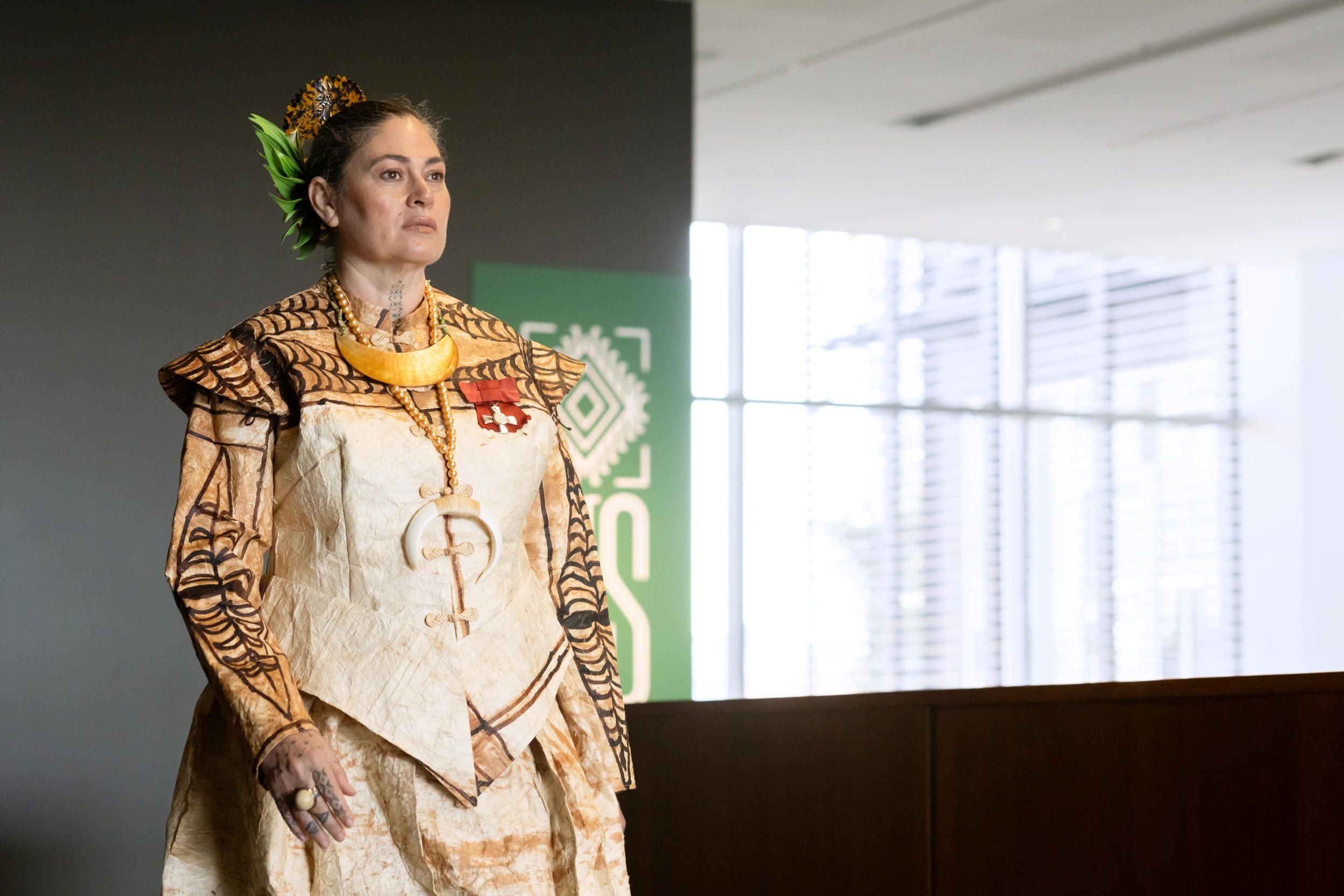 Rosanna Raymond wearing Backhand Maiden 2015 / Purchased 2022 with funds from the Bequest of Jennifer Taylor through the QAGOMA Foundation / August 2023 / Gallery of Modern Art, Brisbane / Photograph: C Baxter, QAGOMA