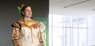 Rosanna Raymond wearing Backhand Maiden 2015 / Purchased 2022 with funds from the Bequest of Jennifer Taylor through the QAGOMA Foundation / August 2023 / Gallery of Modern Art, Brisbane / Photograph: C Baxter, QAGOMA