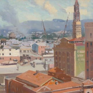 William Bustard, England/Australia 1894-1973 / Brisbane townscape 1928 / Oil on board / 30.7 x 39.4cm / Purchased 2018 with funds from Alan and Jan Rees through the Queensland Art Gallery | Gallery of Modern Art Foundation / Collection: Queensland Art Gallery | Gallery of Modern Art / © William Bustard Estate
