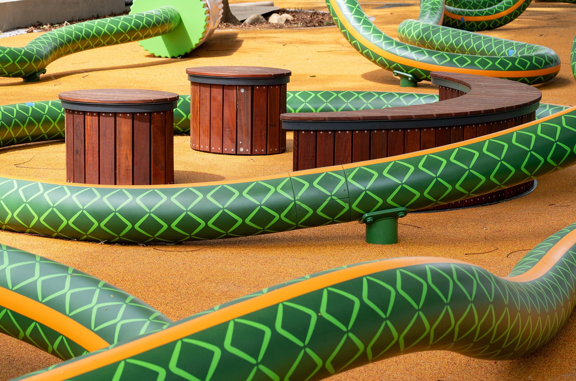 Tony Albert, Girramay/Yidinyji/Kuku Yalanji peoples, Australia b.1981 / Nell, Australia b.1975 / The Big Hose (detail) 2022–25 / Aluminium, reclaimed hardwood, paint, rubber / Commissioned 2022. This project has been realised with generous support from Andrew and Dr Susan King, the Neilson Foundation, Margaret Mittelheuser AM and Cathryn Mittelheuser AM, Gina Fairfax AC, Dr Shirley Hsieh, and the 2022 QAGOMA Foundation Appeal / Collection: Queensland Art Gallery | Gallery of Modern Art / © Tony Albert and Nell / Photograph: N Umek © QAGOMA