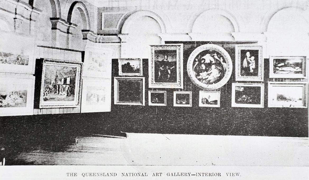 The opening display in the Queenslander, 13 April 1895 / Lagging well behind Victoria, South Australia and New South Wales, Queensland’s National Gallery opened more or less permanently to the public for the first time on Friday afternoon, 29 March 1895. The modesty of this exhibition makes an interesting comparison to the opening of Brisbane’s lavish new Cultural Centre on the city’s South Bank. Hung not in a costly new building complex but given temporary quarters in the upstairs room of the Town Hall, the Collection consisted of a curious mixture of Old Masters and contemporary works and included both copies and originals / Collection: QAGOMA Research Library