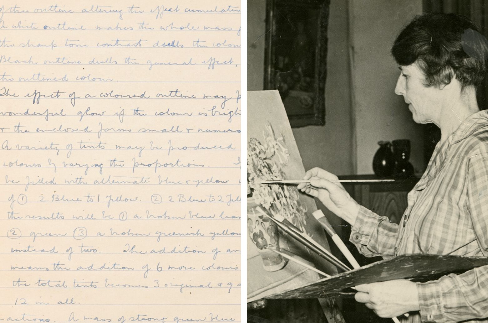 (l-r) ‘Colour theory and design: Tone and colour analysis’, c.1920–50; Handwritten teaching notes by Vida Lahey; Gift of Helen Creagh and Margaret Shaw; Collection: QAGOMA Research Library / Vida Lahey painting; Daphne Mayo Collection, UQFL119; Courtesy: The University of Queensland, Brisbane