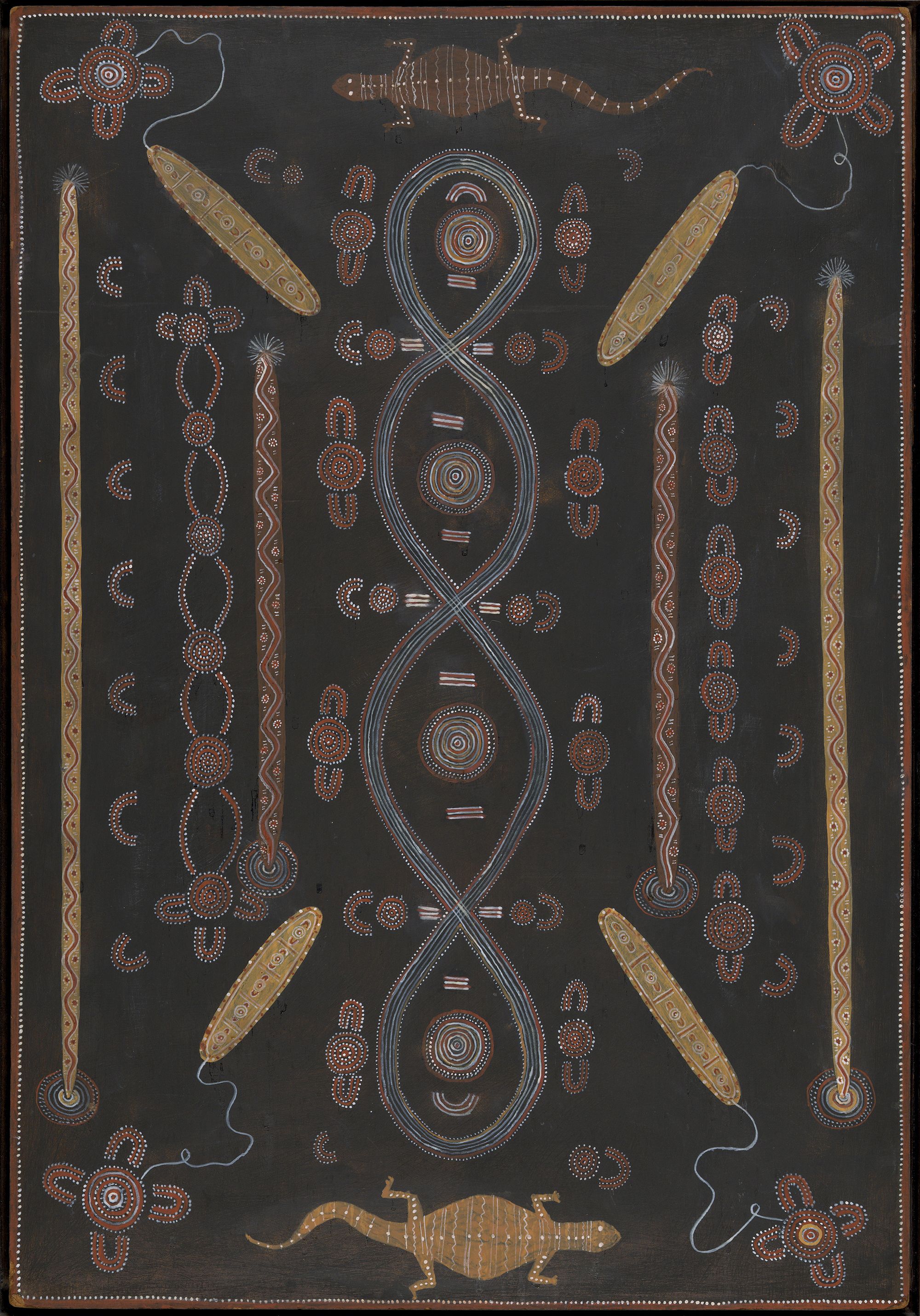 Kaapa Mbitjana Tjampitjinpa, Anmatyerre/Arrernte people, Australia c.1925–89 / Untitled (Goanna Story) 1971 / Synthetic polymer paint on composition board / 78.5 x 54.5cm / Purchased 2020 with the support of the Australian Government through the National Cultural Heritage Account and the QAGOMA Foundation / Collection: Queensland Art Gallery | Gallery of Modern Art / © Estate of Kaapa Mbitjana Tjampitjinpa/Licensed by Aboriginal Artists Agency
