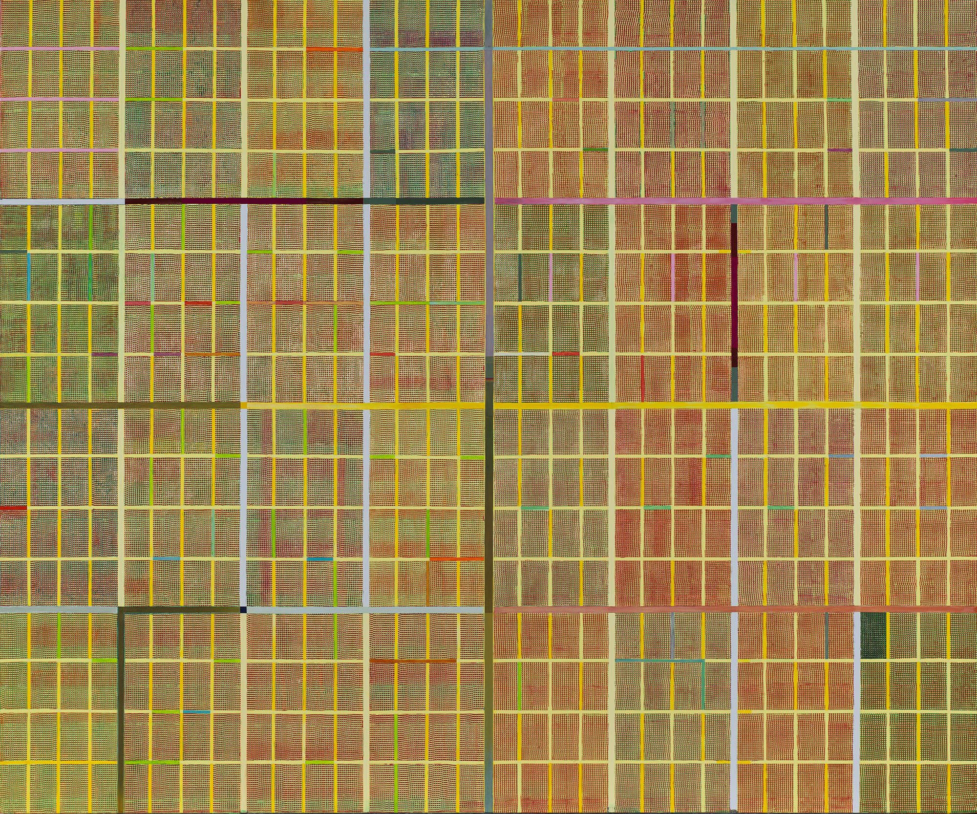 Vivienne Binns, Australia 1940–2026 / Wire weave plastic mesh: a paradox of irritations 2007-08 / Synthetic polymer paint on canvas / 152.5 x 183.5cm / The James C. Sourris AM Collection. Gift of James C. Sourris AM through the QAG Foundation 2012. Donated through the Australian Government's Cultural Gifts Program / Collection: Queensland Art Gallery | Gallery of Modern Art / © Vivienne Binns/Copyright Agency