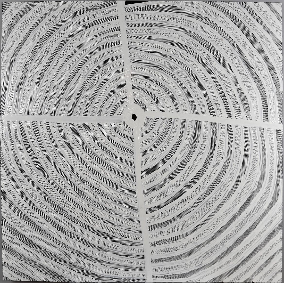 Dhuwarrwarr Marika, Rirratjingu/Miliwurrwurr people, Australia b.c.1946 / Milngurr 2018 / Enamel paint on aluminium composite board (Alupanel) / 150 x 150cm / Purchased 2019 with funds from Anne Best through the Queensland Art Gallery | Gallery of Modern Art Foundation / Collection: Queensland Art Gallery | Gallery of Modern Art, Brisbane / © Dhuwarrwarr Marika / Image courtesy: The artist and Buku-Larrnggay Mulka