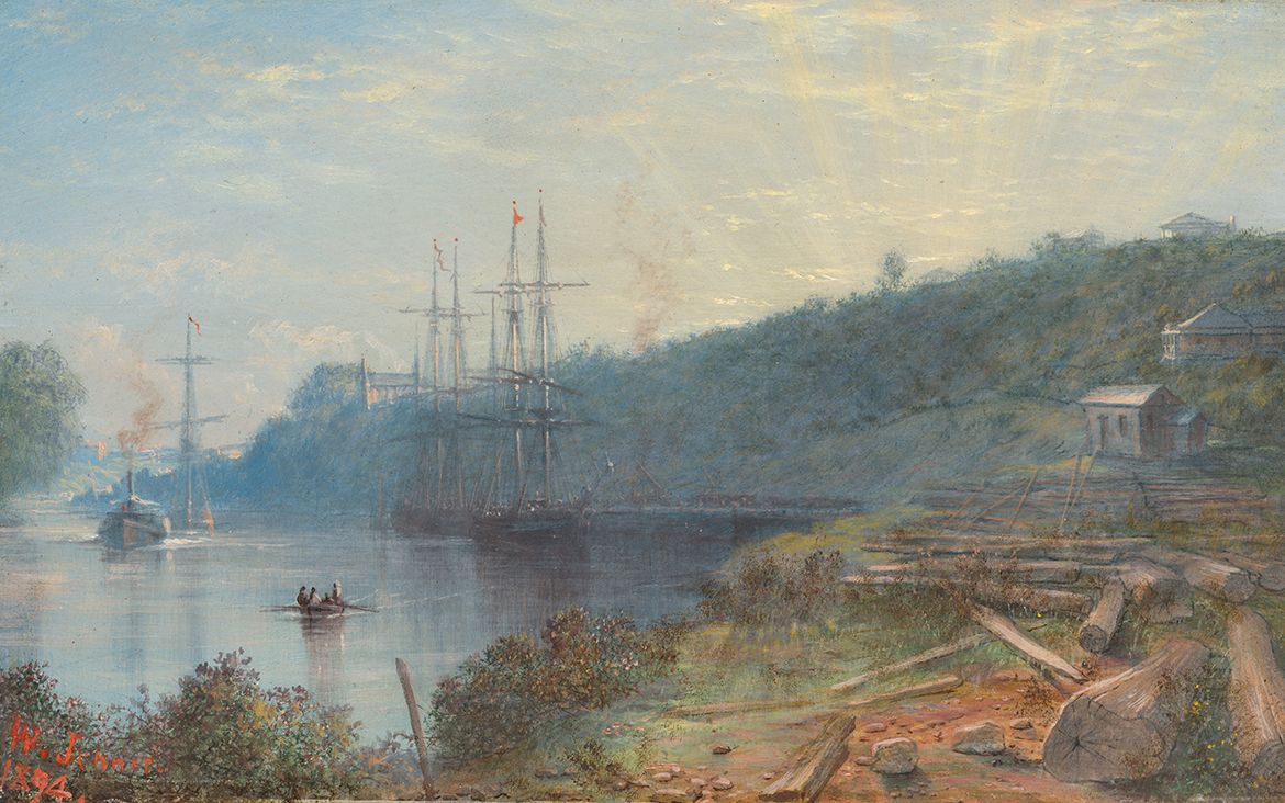 Isaac Walter Jenner, England/Australia 1836-1902 / Brisbane River, Garden Reach from near dry dock looking down river 1894 / Oil on cardboard / 12.8 x 20cm / Acc. 2004.194.003 / Gift from the Estate of Dr Elizabeth (Pat) Marks through the Queensland Art Gallery Foundation 2004. Donated through the Australian Government’s Cultural Gifts Program / Collection: Queensland Art Gallery | Gallery of Modern Art