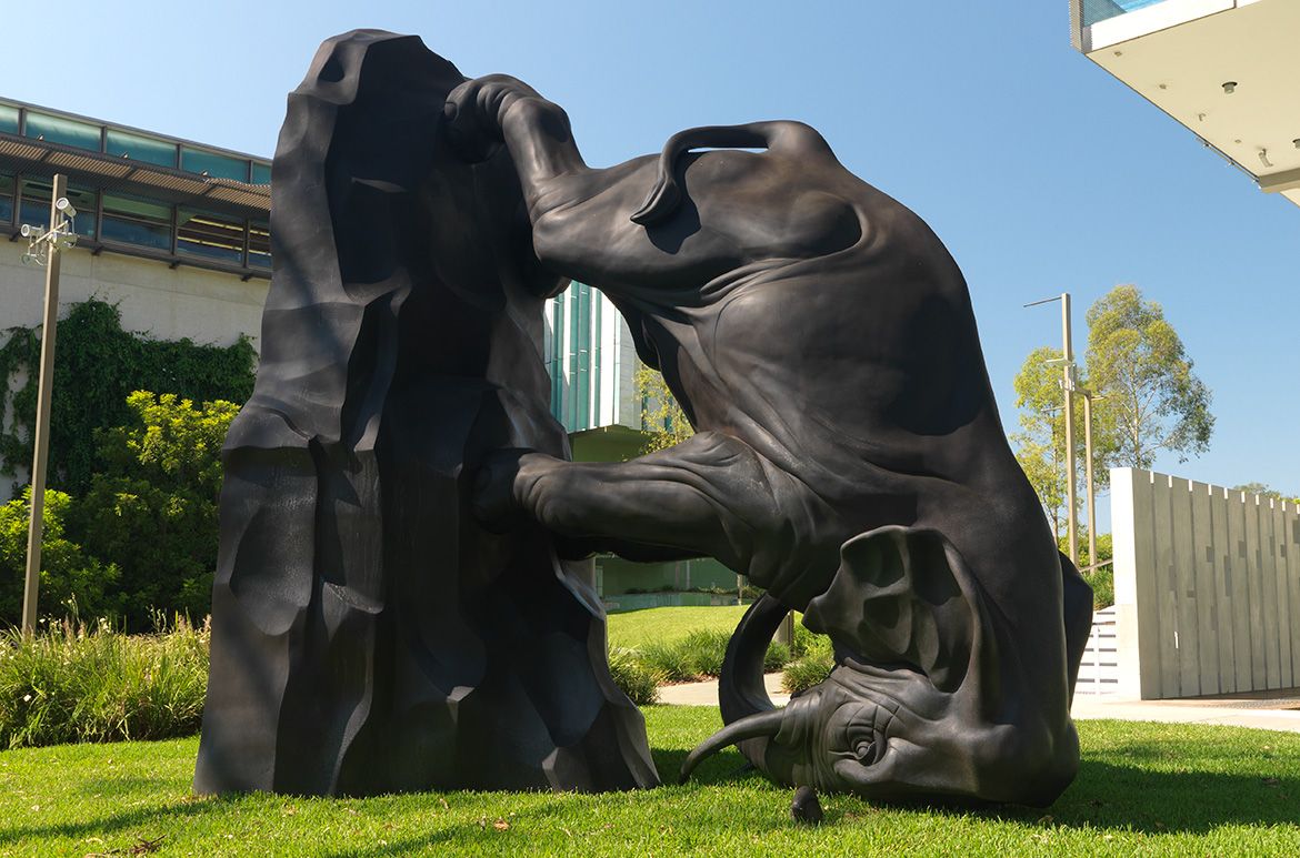 Michael Parekowhai, Ngāti Whakarongo, New Zealand b.1968 / The World Turns 2011-12 / Bronze / 488 x 456 x 293cm (approx.) / Commissioned 2011 to mark the fifth anniversary of the opening of the Gallery of Modern Art in 2006 and twenty years of The Asia Pacific Triennial of Contemporary Art / This project has received financial assistance from the Queensland Government through art+place Queensland Public Art Fund, and from the QAG Foundation / Collection: Queensland Art Gallery | Gallery of Modern Art / © Michael Parekowhai
