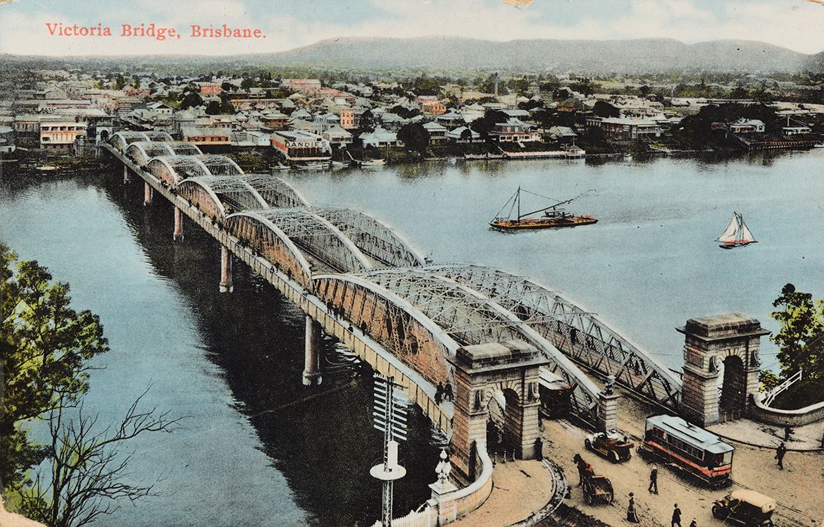 Unknown, Australia / Victoria Bridge, Brisbane (from ‘White Series’) c.1905 / Postcard: Coloured lithograph on paper / 9 x 14cm / Acc. 2014.032 / Gift of Glenn R Cooke through the Queensland Art Gallery | Gallery of Modern Art Foundation 2014 / Collection: Queensland Art Gallery | Gallery of Modern Art