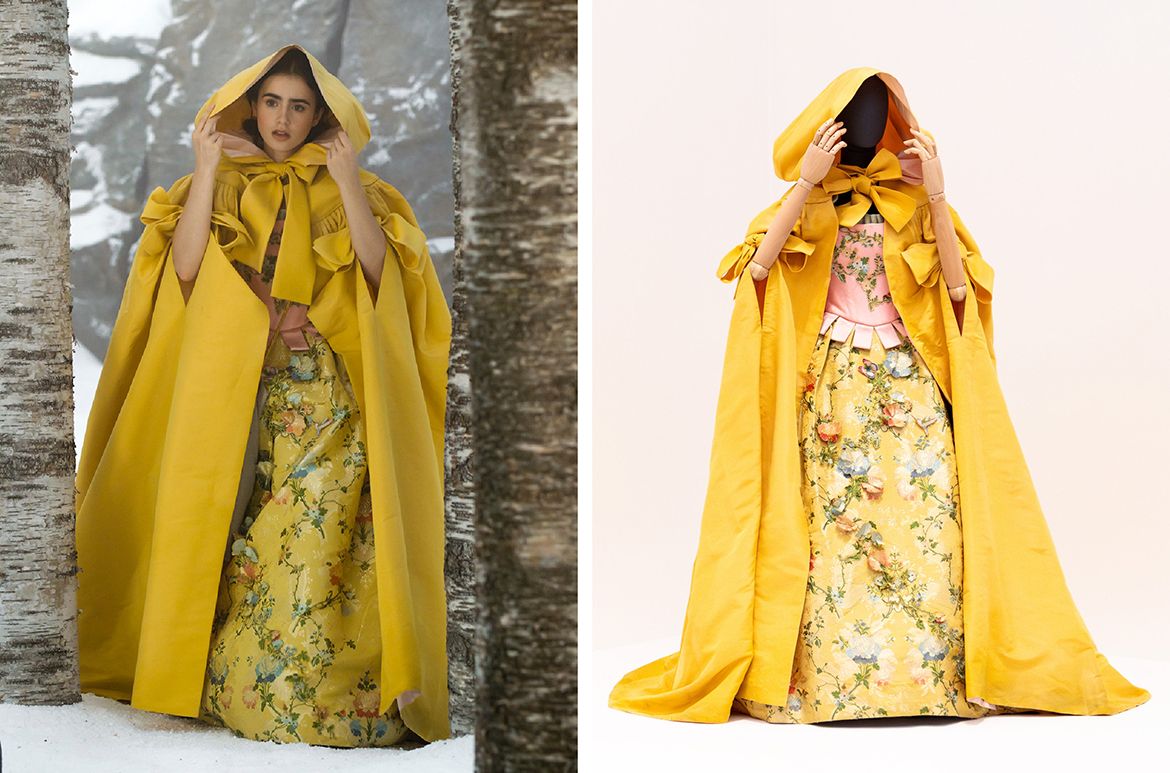 (Left) Production still from Mirror Mirror 2012 / Director: Tarsem Singh / Image courtesy: Relativity Media / (Right) Tarsem Singh (director), Eiko Ishioka (designer) / ‘Yellow dress with hood’ worn by Lily Collins as ‘Princess Snow’ in Mirror Mirror 2012 by Tricorne Costumes (costumier) installed in ‘Fairy Tales’, Gallery of Modern Art (GOMA), Brisbane 2023, Silk taffeta, polyester, nylon tulle, synthetic taffeta, Collection: The Academy Museum of Motion Pictures, Los Angeles / Photograph: C Callistemon © QAGOMA