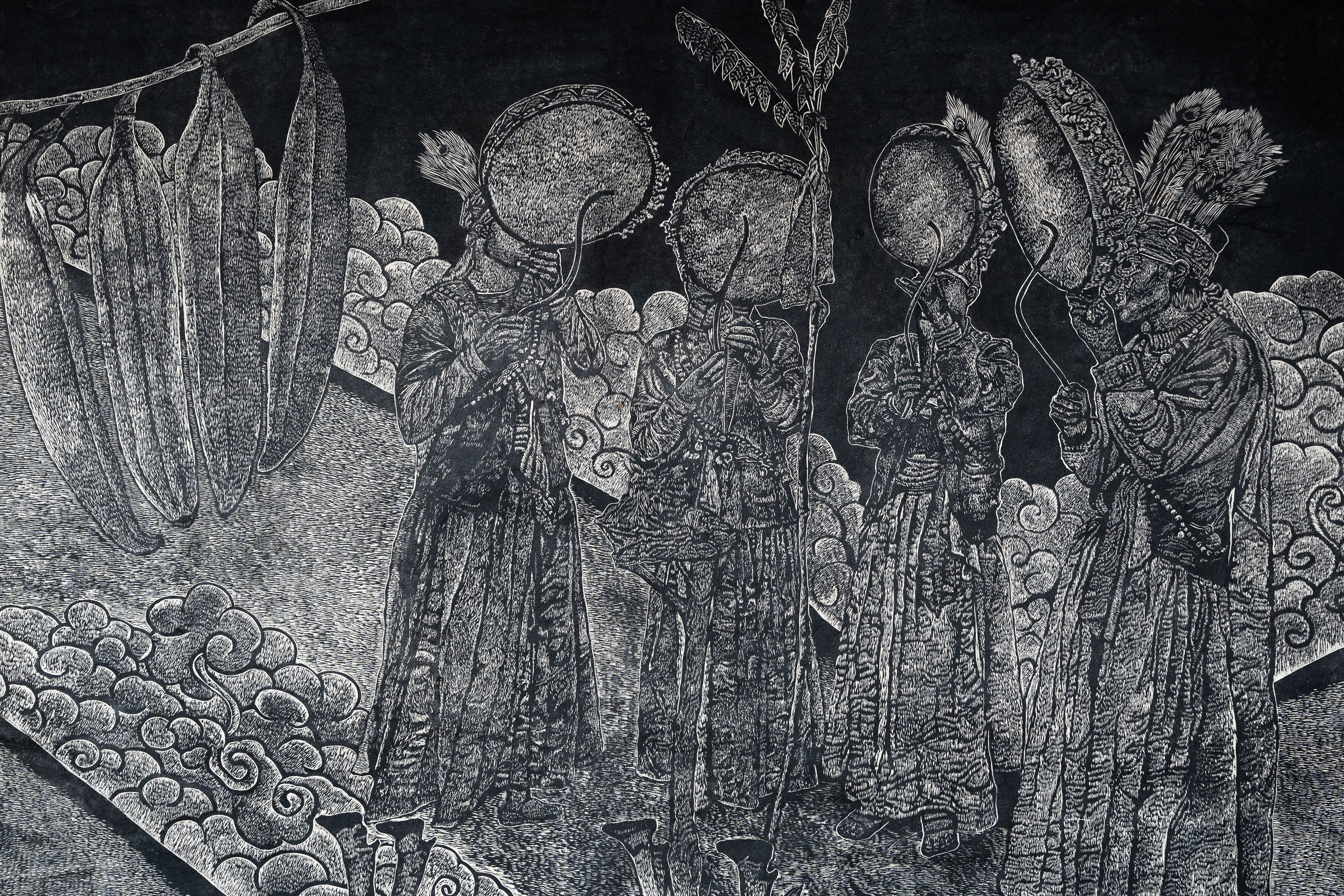 Subas Tamang, Nepal b.1990 / KAAITEN: History, Memory, Identity (detail) 2024 / Woodcut prints on Nepali handmade paper / Four panels: 304 x 153cm (each); 304.8 × 612cm (overall) / Purchased 2024. QAGOMA Foundation / Collection: Queensland Art Gallery | Gallery of Modern Art / © Subas Tamang