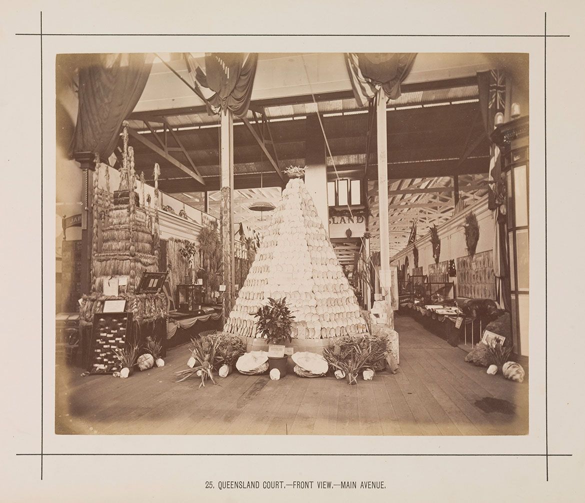 Queensland‘s court at the Melbourne International Exhibition of 1880–81, with fibre and pearl shell trophies at the entrance / Courtesy: State Library of Victoria, La Trobe Picture Collection