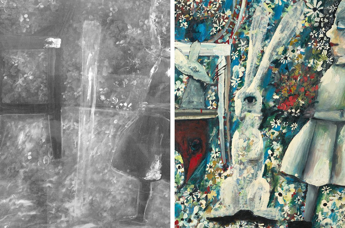 Charles Blackman, Australia 1928-2018 / The Blue Alice 1956-57 / Tempera, oil and household enamel on composition board / 122 x 122cm / Purchased 2000. The Queensland Government’s special Centenary Fund / Collection: Queensland Art Gallery | Gallery of Modern Art / © Charles Blackman/Copyright Agency