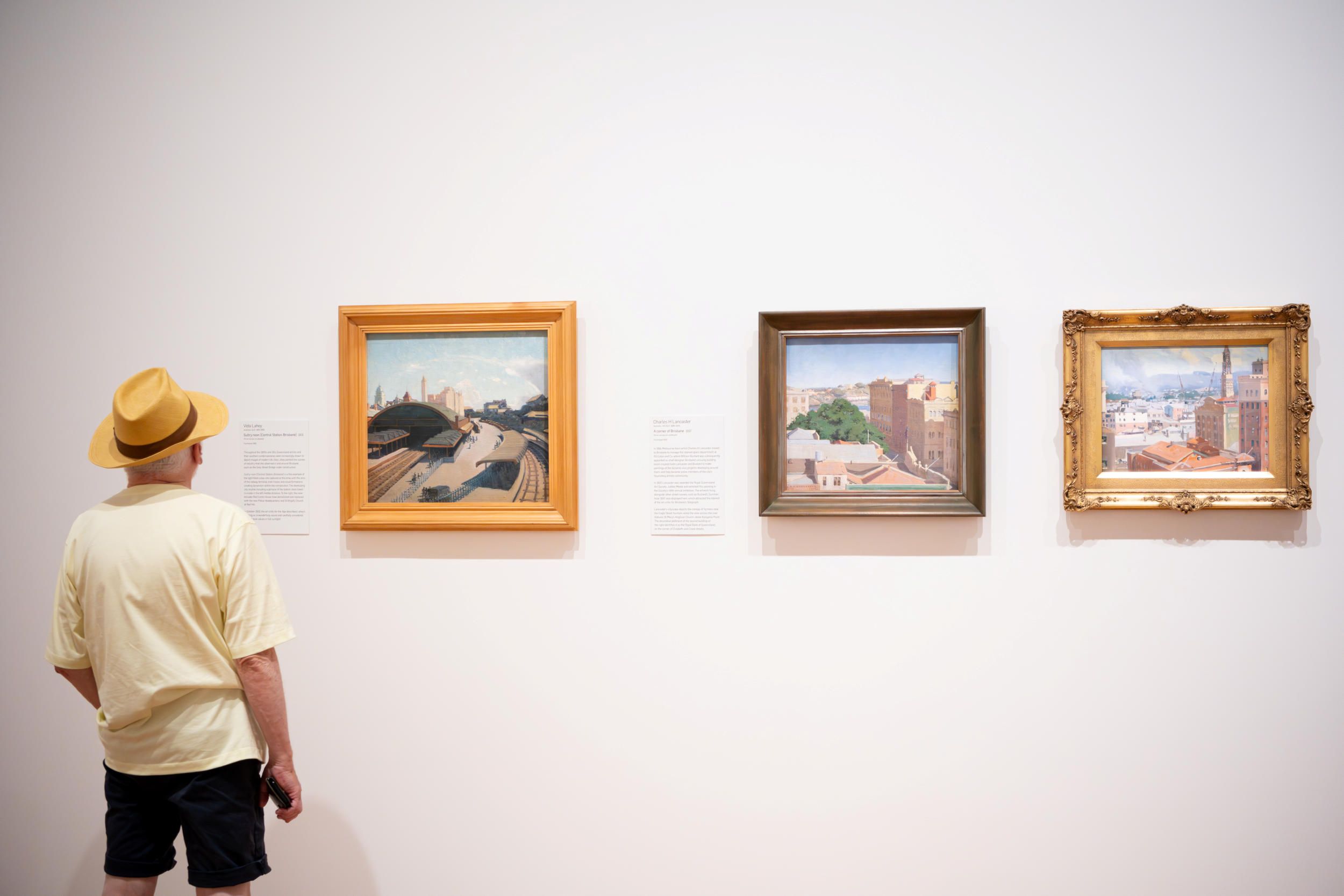 Left: Vida Lahey, Australia 1882–1968 / Sultry noon [Central Station, Brisbane] 1931 / Purchased 1983 / Collection: QAGOMA

Centre: Charles H Lancaster, Australia 1886–1959 / A corner of Brisbane 1937 / Purchased 1937 / Collection: QAGOMA

Right: William Bustard, England/Australia 1894–1973 / Brisbane townscape 1928 / Purchased 2018 with funds from Alan and Jan Rees through the QAGOMA Foundation / Collection: QAGOMA © William Bustard Estate