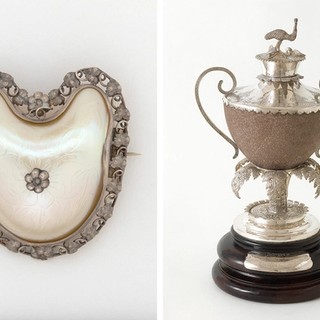 (left) Attrib. To CA (Charles Allen) Brown, Australia 1850-1908 / Silver and mother-of-pearl shell brooch (front & back) c.1890 / (Right) CA (Charles Allen) Brown, Australia 1850-1908 / Inkwell 1874