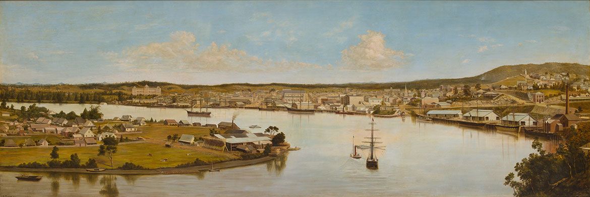J A (Joseph Augustine) Clarke, Australia 1840–90 / Panorama of Brisbane 1880 / Oil on canvas / 137 x 366cm / Collection: Queensland Museum