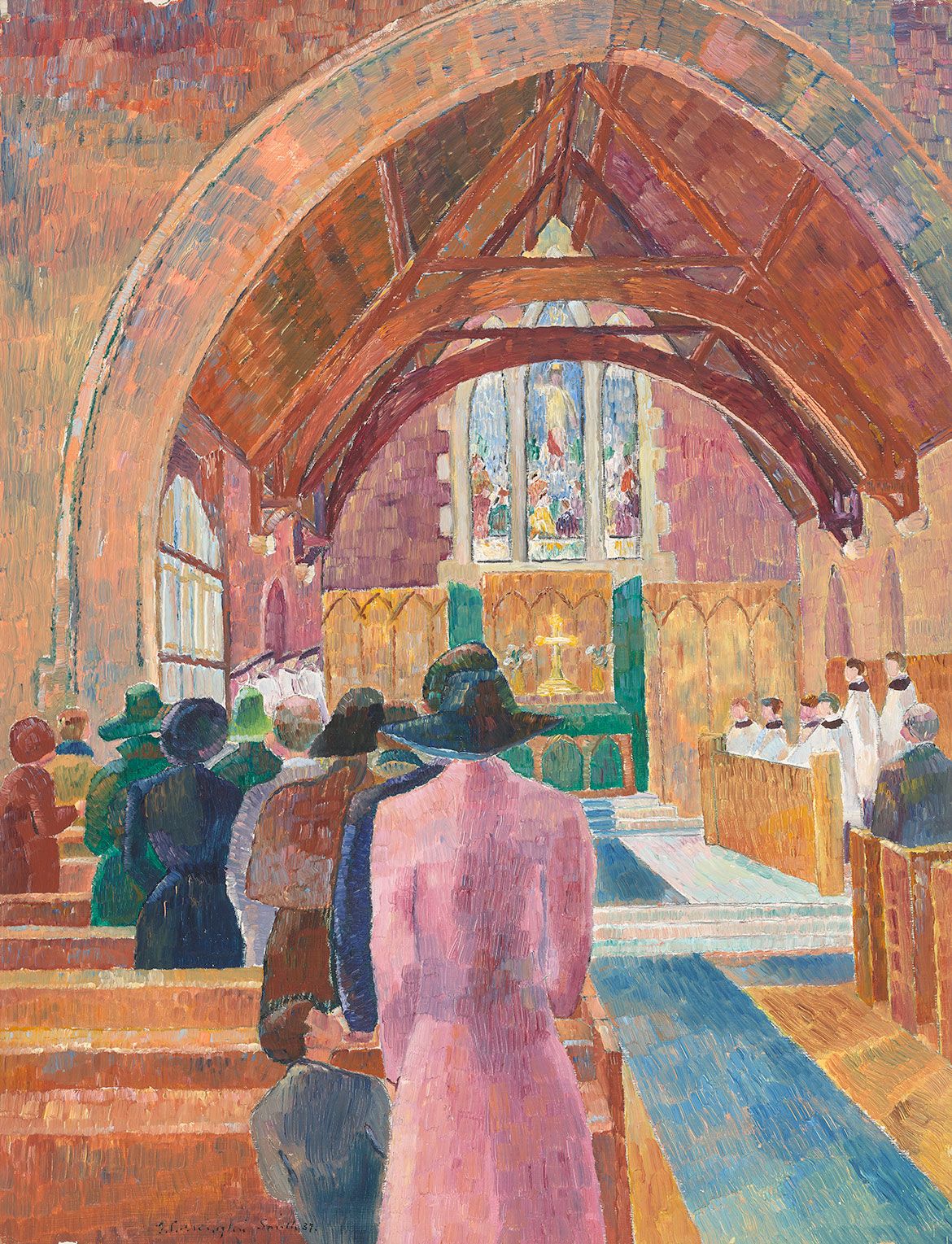 Grace Cossington Smith, Australia 1892-1984 / Church interior c.1941-42 (inscr. 1937) / Oil with pencil on pulpboard / 55.2 x 42.2cm / Purchased 2001 with funds raised through The Grace Cossington Smith Queensland Art Gallery Foundation Appeal / Collection: Queensland Art Gallery | Gallery of Modern Art / © Estate of Grace Cossington Smith