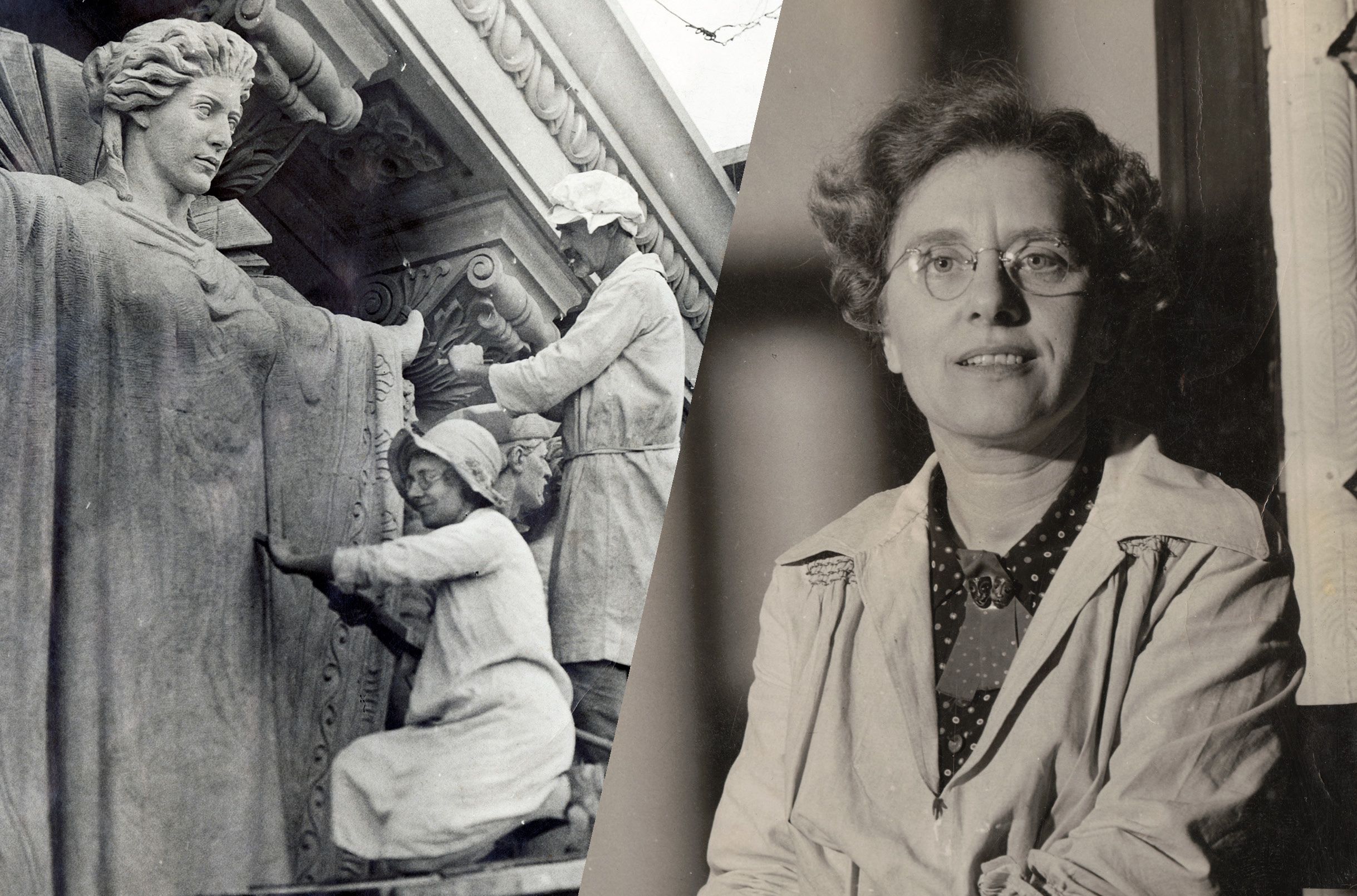 (l-r) Daphne Mayo working on the central figure of the Brisbane City Hall Tympanum, 10 Dec 1930 / Daphne Mayo, c.1941 / Daphne Mayo Collection, UQFL119 / Courtesy: Fryer Library, University of Queensland, Brisbane