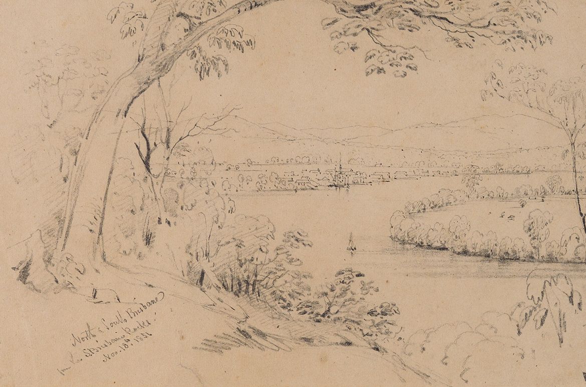 Conrad Martens, England/Australia 1801–78 / North and South Brisbane from the South Brisbane rocks 1851 / Pencil on wove paper / 18.7 x 57.8cm (comp.) / Gift of Thomas Samuel Griffith Brown 1976 / Collection: Queensland Art Gallery | Gallery of Modern Art
