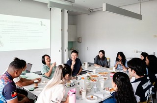 Christine and Louis facilitate the workshop with students from Mabel Park High School, GOMA, March 2025 / Photograph: J Ruckli © QAGOMA