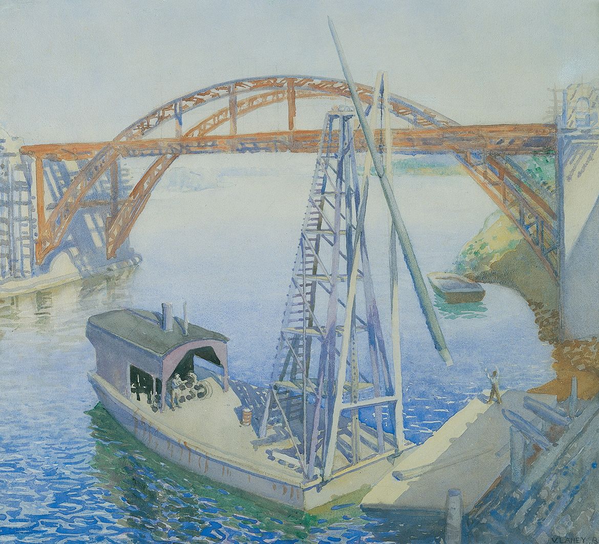 Vida Lahey, Australia 1882–1968 / The new bridge 1931 / Watercolour on paper / 48.7 x 53.5cm / Acc. 1997.151 / Purchased 1997 with funds from M.I.M. Holdings Limited through the Queensland Art Gallery Foundation / Collection: Queensland Art Gallery | Gallery of Modern Art / © QAGOMA