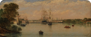 Isaac Walter Jenner, England/Australia 1836-1902 / (View of Brisbane) 1885 / Oil on wood panel / 21.7 x 52.5cm / Purchased 1986 / Collection: Queensland Art Gallery | Gallery of Modern Art