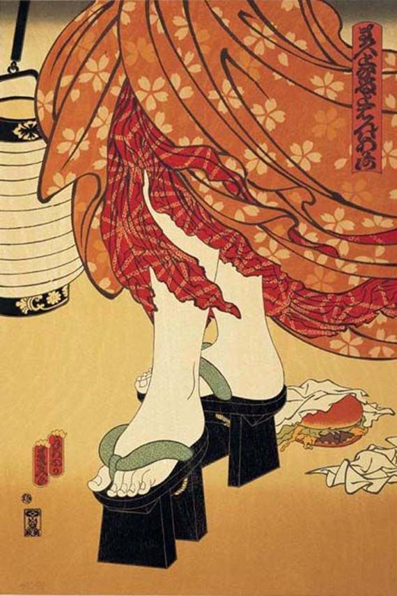 Masami Teraoka, Japan/Unites States b.1936 / McDonald’s Hamburgers Invading Japan/Chochin-me 1982 / 36-colour screenprint on Arches 88 paper / Purchased 2005. The Queensland Government’s Gallery of Modern Art Acquisitions Fund / Collection: Queensland Art Gallery / © The artist