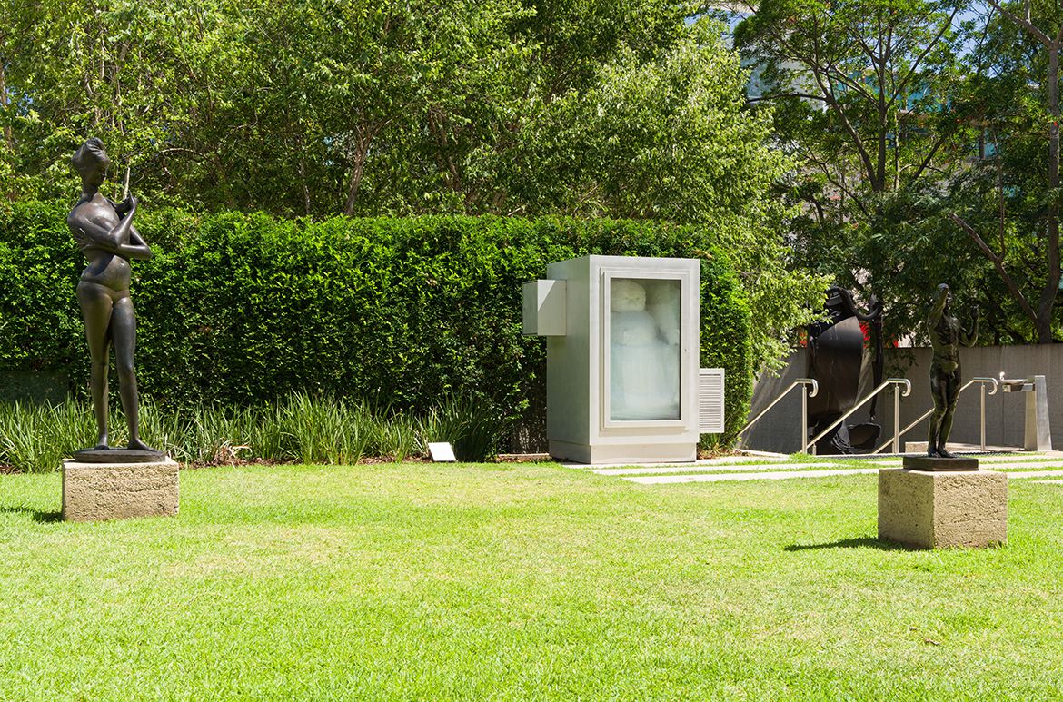 QAG Sculpture Courtyard featuring (L to R) Bather no. 1 1956 by Emilio Greco; L’Age d’airain (The Bronze age) 1876-77, cast 1955 by Auguste Rodin; and Snowman 1987/2017-19 by Peter Fischli and David Weiss