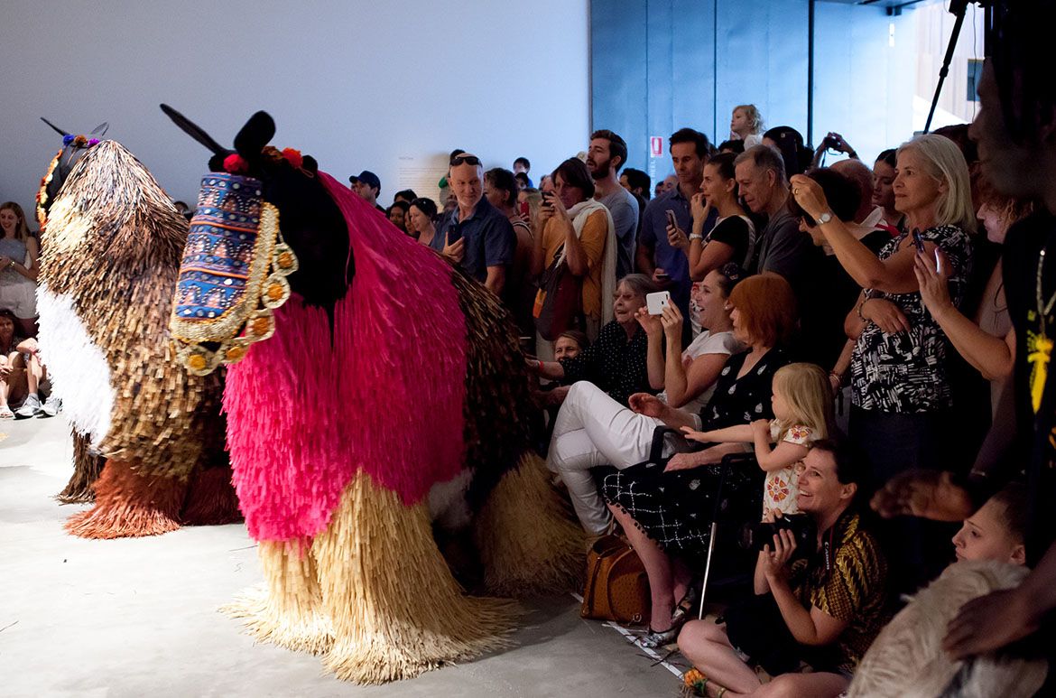 Performance of Nick Cave’s Heard 2012, GOMA, 2016 / Photograph: Chloe Callistemon / 15 wearable sculptures (six parts each) / Purchased 2016 to mark the tenth anniversary of the Gallery of Modern Art with funds from the Josephine Ulrick and Win Schubert Diversity Foundation through the QAGOMA Art Foundation / Collection: Queensland Art Gallery